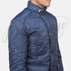 Veste matelassée bleu marine sur mesure pour homme, coupe ajustée, avec surpiqûres en losange, manteau d'hiver rembourré avec plusieurs poches et col à boucle - Product Image 6