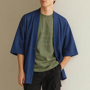 Chemise Kimono Homme Bleu Marine Sans Col Manches Trois-Quarts Décontractée Été Coton Popeline Respirante Design Point Ouvert - Product Image 3
