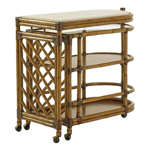 Modern Serving <b>Table</b> with Natural Green Rattan and Glass Top 4 Swivel Casters for Hotels and Bedrooms - Product Image 3