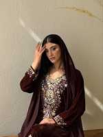 AWAIS HOUSE Dubaï Kaftan de fête ethnique musulman islamique en velours léger à sequins, grande taille, mode féminine, longueur ras du sol, col montant