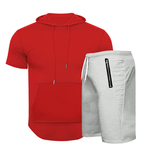 Nouvel ensemble court d'été pour homme avec capuche, poches zippées, survêtement de fitness décontracté, coupe ajustée, tenue de sport respirante pour la gym et l'entraînement 2026 - Product Image 1
