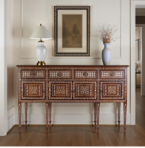 Console noire en os incrusté, ornée de motifs floraux et dotée de trois tiroirs, disponible à prix de gros. - Product Image 5