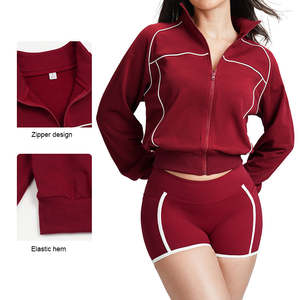 Women Three Piece Activewear Set Wine <b>Red</b> Stretch <b>Sports</b> <b>Bra</b> Shorts And Leggings Casual Fitness Wear Slim Fit - Product Image 2