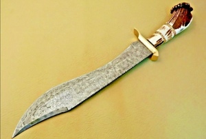 Couteau de chasse en acier Damas, lame à pointe tombante, manche en corne de cerf, garde en acier Damas, étui en cuir, couteau à lame fixe, chasse personnalisée - Product Image 3