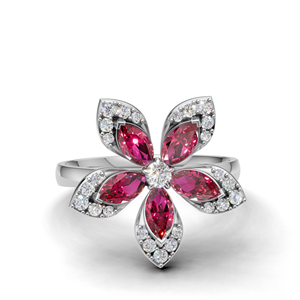 18K Gold Lab Grown Diamond Floral Flower <b>Ring</b> Pink Red Marquise Cut Luxury Statement Cocktail <b>Ring</b> - Product Image 1