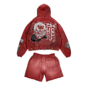 Ensemble Homme Personnalisé pour Fabricants de Vêtements : Survêtement Baggy Vintage Délavé à l'Acide, Hoodies Courts à Strass et Shorts à Cordon de Serrage - Product Image 3