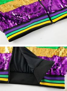 <b>Men's</b> <b>Sequined</b> Varsity <b>Jacket</b> Purple Green Gold Striped Zipper Front Casual Spring Wear Regular Fit Turn-down Collar - Product Image 3