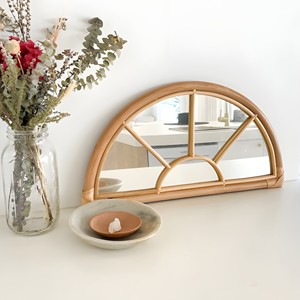 Semi circular rattan <b>framed</b> <b>mirror</b> for bathroom bedroom accents decorative wall hanging <b>mirrors</b> - Product Image 2