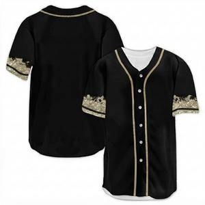 DROGEN EXPORT 2026 Camiseta de Béisbol Personalizada Negra y Beige con Brillo, Cierre de Botones, Tejido de Malla Transpirable, Cuello en V, Ropa Deportiva para Equipos - Product Image 1