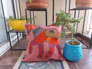 Decorative Handcrafted Embroidered 100% Cotton Pink Color Horse Pattern Cushion Covers For Home, Living Room Decor Covers - Product Image 2