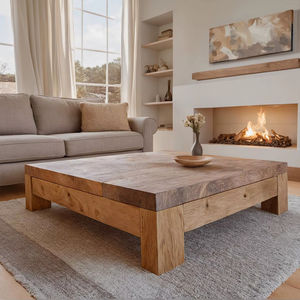 โต๊ะกลางไม้สไตล์เรียบง่ายทำมือ ปี 2026 โครงสร้างไม้เนื้อแข็ง หน้าโต๊ะสี่เหลี่ยมขนาดใหญ่ และฐานที่แข็งแรงมั่นคง - Product Image 1