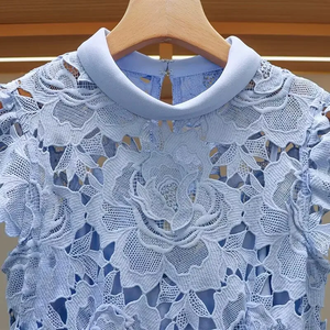Robe de soirée longue pour femme, bleu clair, en dentelle, col montant, manches courtes, imprimé floral, coupe trompette, élégante et modeste - Product Image 2