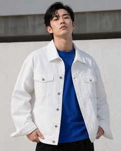 High Quality Custom <b>Mens</b> <b>White</b> Denim Jean <b>Jacket</b> Garment Dyed Single Breasted Retro Casual Autumn Winter 100% Cotton Windproof - Product Image 5