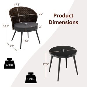 Conjunto de Bistro de Ratán para Patio de 3 Piezas con 2 Cojines y Mesa con Superficie de Vidrio Templado, Muebles de Jardín - Product Image 3