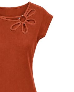 Manufacturer Rust Orange Women Casual Summer Blouse Elegant Flower Neck Short Sleeve Fashion Loose Fit Daily Wear <b>Top</b> Apparel - Product Image 4