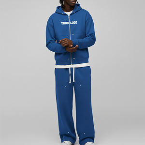 Survêtements d'hiver pour hommes en molleton 100% coton OEM, à capuche avec cordon de serrage, coupe mi-lourde, et pantalons de jogging à jambes larges, personnalisés, imprimés bleus - Product Image 5