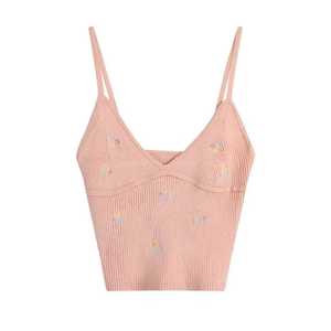 Women's Knitted V-Neck Embroidered Crop Top Casual Solid Color Spandex Cotton <b>Sleeveless</b> Vest Outer Wear - Product Image 3