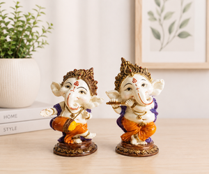 Nirmala Handicrafts – Ensemble de statues traditionnelles de Ganesha en polyrésine, faites à la main, avec 2 flûtes Dholak, représentant un dieu hindou jouant - Product Image 4