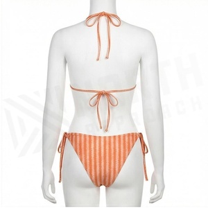 Ensemble bikini rayé pour femme avec bas de maillot à nouer sur le côté et détail cordon de serrage orange - Product Image 2