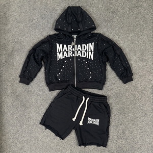 Custom Patch Applique Embroidered Letter Raw Hem Acid Wash <b>Summer</b> Casual Hoodies and Shorts Set <b>Men's</b> Cotton Canvas Tracksuit - Product Image 3