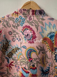 Indian Handmade Pink Cotton Quilted <b>Jacket</b> Kantha Stitch Winter Coat Floral Print Boho Short Cardigan Vintage Reversible <b>Blazer</b> - Product Image 2