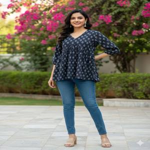 VASTRA COTTAGE Elegante Conjunto de Kurti Redondo Estampado de Algodón Puro con Pantalón de Cuello Completamente Decorado y Dupatta de Algodón - Product Image 1