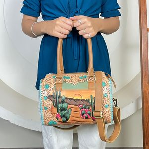 2026 Elegant Western Genuine Cowhide <b>Leather</b> Medium Speedy Bag Cactus Sunset Pattern Weekender Travel Duffel Bag for Unisex - Product Image 5