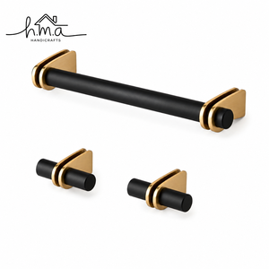 Matte <b>Black</b> Cylindrical Brass Cabinet Handle with Dual Gold Square Plate Mounts Featuring Modern Linear Bar Design for Drawers a - Product Image 1