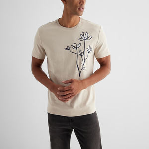 Men's <b>Cream</b> Short Sleeve <b>T</b>-<b>Shirt</b> With Floral Embroidery O-Neck Regular Fit Casual Jersey Cotton Top - Product Image 4