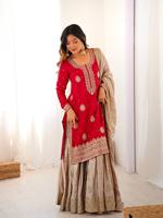 Conjunto de Dupatta de Seda Chinon Tradicional TENNECY con Lentejuelas y Perlas, Reversible y Sin Arrugas para Mujer - Ideal para Bodas y Fiestas