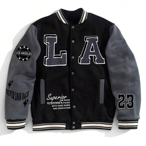 Veste universitaire personnalisée avec manches en cuir, veste de baseball noire brodée, style couple, vente en gros OEM - Product Image 1