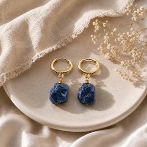 Raw Blue Sapphire Hoop Earrings | Gold Plated <b>Wire</b> Wrapped Crystal Jewelry | 925 <b>Sterling</b> <b>Silver</b> Boho - Product Image 1