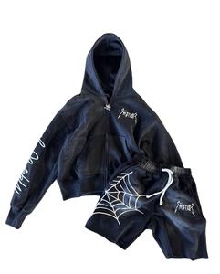 Ensembles de vêtements d'extérieur pour hommes personnalisés du fabricant OEM Shorts à capuche délavés au soleil Écusson brodé Rhinerston Hoodies Ensemble short 2 pièces - Product Image 2