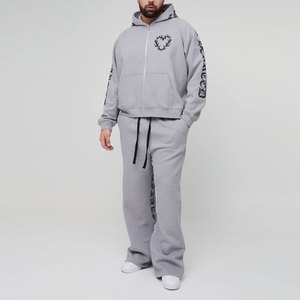 Ensemble de survêtement gris à capuche pour homme, pantalon de survêtement et sweat-shirt longs avec imprimé lettres, style streetwear, coupe ample, pour l'automne - Product Image 1