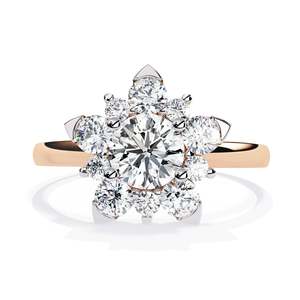 Anillo de Compromiso de Dos Tonos con Forma de Flor Plateada, Chapado en Rodio, Corte Brillante Redondo para Mujer - Product Image 3