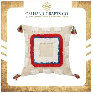 Housse de coussin géométrique tuftée carrée, style bohème, brodée, textile décoratif avec pompons, lavable et amovible - Product Image 2