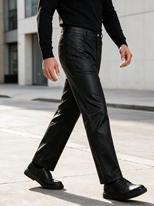 High Quality Fashion <b>Men's</b> Black <b>Faux</b> <b>Leather</b> Pants Straight Fit Casual Streetwear <b>Trousers</b> - Product Image 5