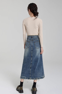 Jupe longue en jean pour filles, longueur genou, avec fente, coupe ample, décontractée, printemps, style modeste et mature - Product Image 5
