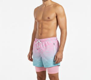 Shorts de plage pour hommes personnalisés par sublimation, shorts de bain 2-en-1 avec leggings de compression intégrés, tendance, séchage rapide, satin 100% polyester - Product Image 3