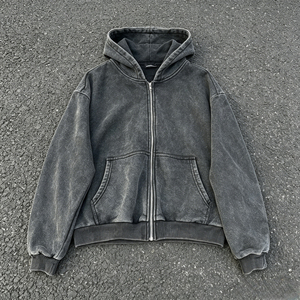Sweat à capuche zippé oversize en coton délavé pour homme, couleur unie, style décontracté, coupe régulière en molleton bouclette, style automne - Product Image 1