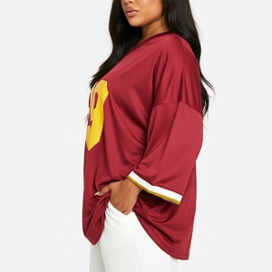 Camiseta de jersey oversize para mujer con cuello redondo, número 89, hombros caídos, ajuste holgado, manga corta, roja y amarilla, de verano, anti-bolitas, en oferta. - Product Image 3
