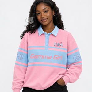 เสื้อรักบี้ลายทางสำหรับผู้หญิง Gamma Phi Delta Sorority แขนยาว คอปกโปโล สีตัดต่อ ปักลายกราฟิก - Product Image 5