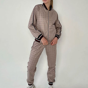 Women Plaid <b>Tracksuit</b> Set Full Sleeve Zipper Front Casual Jogger Pants With Side Pockets Autumn Wear - Product Image 3