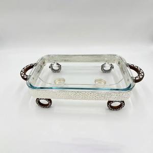 Luxury Arabic Rectangular Chafing Dish Hammered Stainless Steel Food Warmer Wooden <b>Ring</b> Accent Ramadan Buffet Server Single Unit - Product Image 2