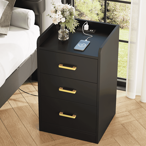 Comodino in Quercia con Stazione di Ricarica, 3 Cassetti, Mobile Moderno per Camera da Letto, Nero - Product Image 1