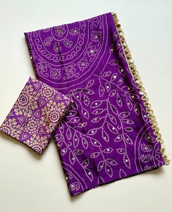 Magnifique sari en soie pure, douce et bon marché, tissu uni avec impression Bandhan, accompagné d'un tissu pour chemisier. - Product Image 5