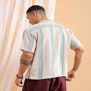 เสื้อเชิ้ตผ้าฝ้ายคอปกสูงเข้ารูปสำหรับผู้ชายเสื้อเชิ้ตลำลองแขนสั้นลายทางระบายอากาศ - Product Image 2