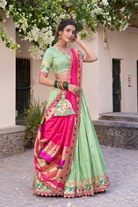 Lehenga Choli de Seda Verde con Dupatta Rosa, Traje Tradicional Indio para Bodas, para Mujer, Largo hasta el Suelo, Corte Holgado - Product Image 4