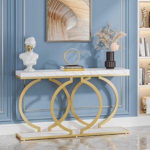 Modern <b>Marble</b> <b>Console</b> <b>Table</b> Gold Metal Base Contemporary Entryway Living Room Furniture 55.11" Long Stable Design - Product Image 2