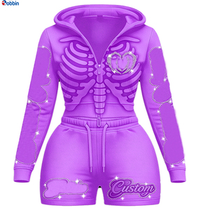 Top Trending Hot Selling Women's Blue Skeleton Hoodie Shorts Set <b>Rhinestone</b> Decor Y2K Style Spring Summer Sportswear 2 Piece Set - Product Image 2